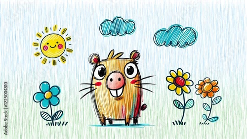 Drawn Funny Capybara on a Field of Flowers