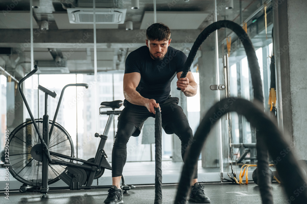 Endurance cross fit with knots. Man is in the modern gym Endurance cross fit with knots. Man is in the modern gym