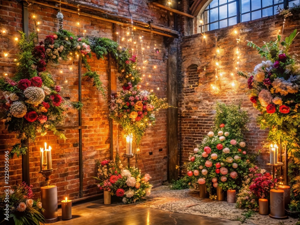 Fototapeta premium Urban Wedding Background: Flowers, Sparks, & Industrial Romance