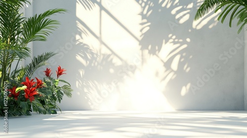 Sunlit Tropical Room with Red Flowers and Palm Shadows