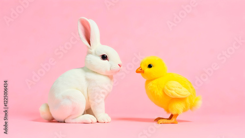 Wallpaper Mural A playful Easter composition with a fluffy white bunny and a bright yellow chick, ideal for adding charm to your holiday decor or spring celebrations. Selective focus Torontodigital.ca