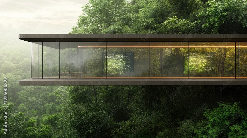 Fototapeta premium Modern architectural marvel suspended among lush green trees, showcasing remarkable glass walls for nature views