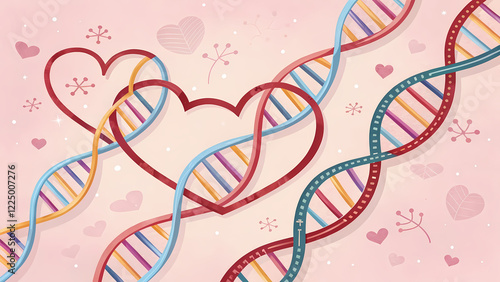 The image features a conceptual design that intertwines the symbols of love and science. Two heart shapes are formed by overlapping and connecting stylized DNA double helix strands.