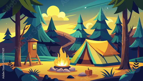 Empty forest touristic camp with tent and bonfire vector flat illustration. Equipment for adventure tourism and active lifestyle. Campsite or halt during travel, bus craft or backpacking 