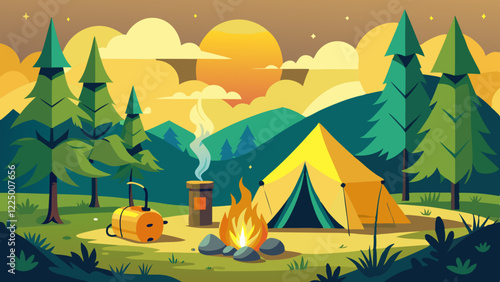 Empty forest touristic camp with tent and bonfire vector flat illustration. Equipment for adventure tourism and active lifestyle. Campsite or halt during travel, bus craft or backpacking 