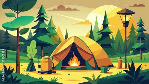 Empty forest touristic camp with tent and bonfire vector flat illustration. Equipment for adventure tourism and active lifestyle. Campsite or halt during travel, bus craft or backpacking 