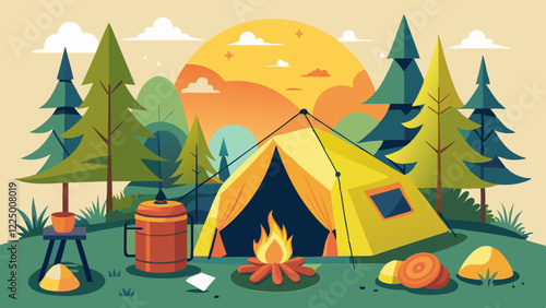 Empty forest touristic camp with tent and bonfire vector flat illustration. Equipment for adventure tourism and active lifestyle. Campsite or halt during travel, bus craft or backpacking 