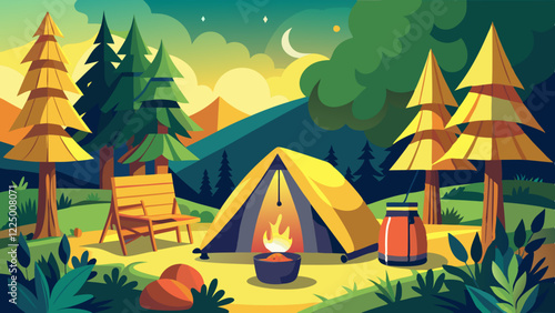 Empty forest touristic camp with tent and bonfire vector flat illustration. Equipment for adventure tourism and active lifestyle. Campsite or halt during travel, bus craft or backpacking 