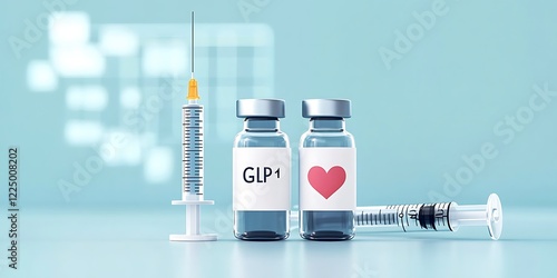 Vials labeled glp-1 with syringes, heart icon, and growth chart symbolize hormone therapy benefits. ,


 photo