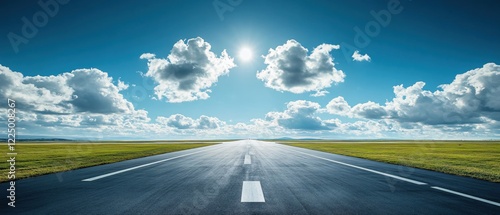 Fototapeta Naklejka Na Ścianę i Meble -  Asphalt road leading to horizon under bright sun and cloudy sky on a clear day