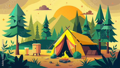Empty forest touristic camp with tent and bonfire vector flat illustration. Equipment for adventure tourism and active lifestyle. Campsite or halt during travel, bus craft or backpacking 
