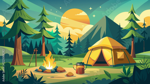 Empty forest touristic camp with tent and bonfire vector flat illustration. Equipment for adventure tourism and active lifestyle. Campsite or halt during travel, bus craft or backpacking 
