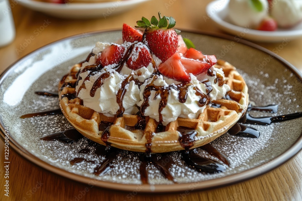A plate of fresh waffles topped with whipped cream, strawberries, and syrup A plate of fresh waffles topped with whipped cream, strawberries, and syrup