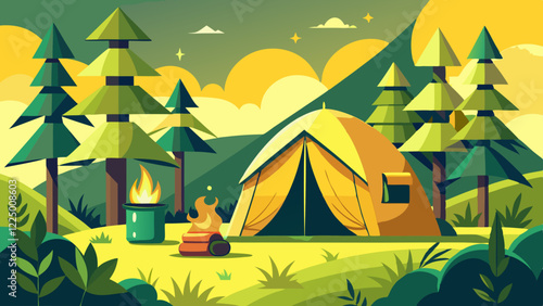 Empty forest touristic camp with tent and bonfire vector flat illustration. Equipment for adventure tourism and active lifestyle. Campsite or halt during travel, bus craft or backpacking 