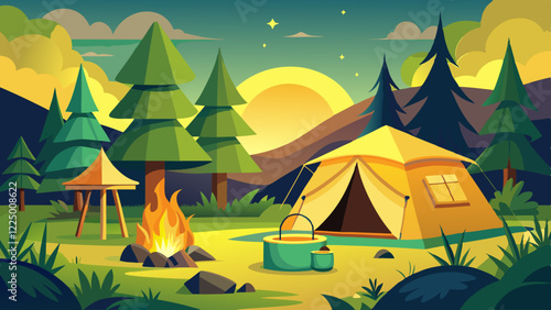 Empty forest touristic camp with tent and bonfire vector flat illustration. Equipment for adventure tourism and active lifestyle. Campsite or halt during travel, bus craft or backpacking 