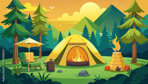 Empty forest touristic camp with tent and bonfire vector flat illustration. Equipment for adventure tourism and active lifestyle. Campsite or halt during travel, bus craft or backpacking 