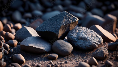 Mystical Pile of Volcanic Stones at Dusk Porous Textures and Varying Shapes on a Rough Lunarlike Landscape, Showcasing the Eerie Beauty of Earths Geological Wonders. photo