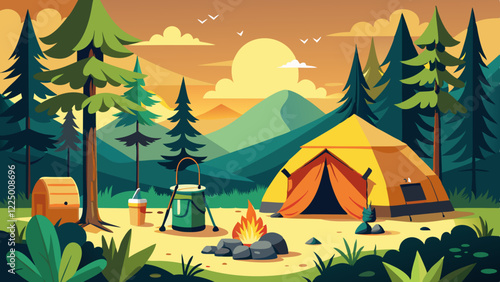 Empty forest touristic camp with tent and bonfire vector flat illustration. Equipment for adventure tourism and active lifestyle. Campsite or halt during travel, bus craft or backpacking 