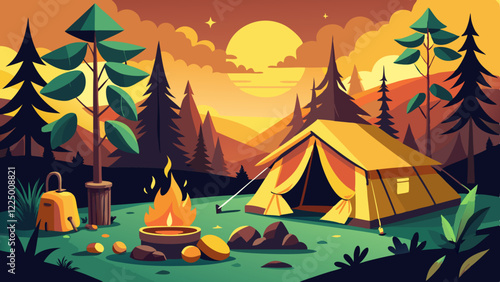 Empty forest touristic camp with tent and bonfire vector flat illustration. Equipment for adventure tourism and active lifestyle. Campsite or halt during travel, bus craft or backpacking 