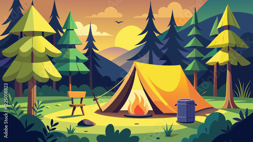 Empty forest touristic camp with tent and bonfire vector flat illustration. Equipment for adventure tourism and active lifestyle. Campsite or halt during travel, bus craft or backpacking 