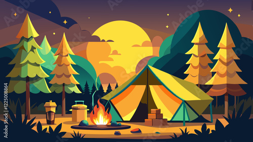 Empty forest touristic camp with tent and bonfire vector flat illustration. Equipment for adventure tourism and active lifestyle. Campsite or halt during travel, bus craft or backpacking 