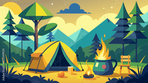 Empty forest touristic camp with tent and bonfire vector flat illustration. Equipment for adventure tourism and active lifestyle. Campsite or halt during travel, bus craft or backpacking 