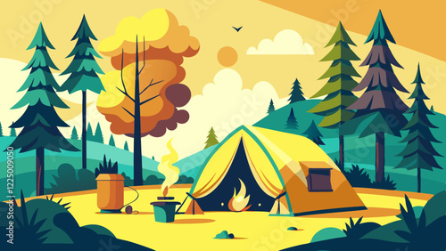 Empty forest touristic camp with tent and bonfire vector flat illustration. Equipment for adventure tourism and active lifestyle. Campsite or halt during travel, bus craft or backpacking 