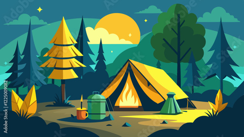 Empty forest touristic camp with tent and bonfire vector flat illustration. Equipment for adventure tourism and active lifestyle. Campsite or halt during travel, bus craft or backpacking 