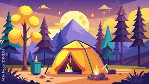 Empty forest touristic camp with tent and bonfire vector flat illustration. Equipment for adventure tourism and active lifestyle. Campsite or halt during travel, bus craft or backpacking 