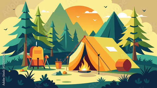 Empty forest touristic camp with tent and bonfire vector flat illustration. Equipment for adventure tourism and active lifestyle. Campsite or halt during travel, bus craft or backpacking 