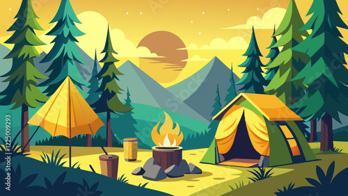 Empty forest touristic camp with tent and bonfire vector flat illustration. Equipment for adventure tourism and active lifestyle. Campsite or halt during travel, bus craft or backpacking 