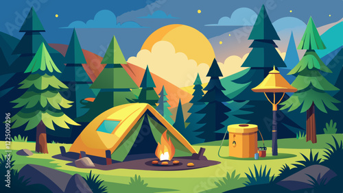 Empty forest touristic camp with tent and bonfire vector flat illustration. Equipment for adventure tourism and active lifestyle. Campsite or halt during travel, bus craft or backpacking 