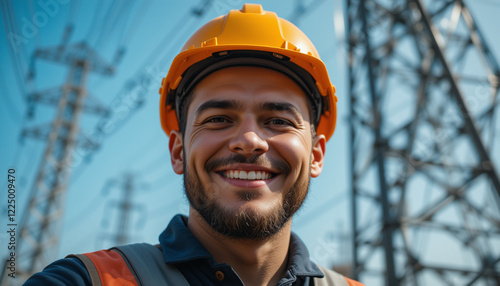 Smiling electrical engineer standing near high voltage power tower on a sunny day. Electricians Day photo