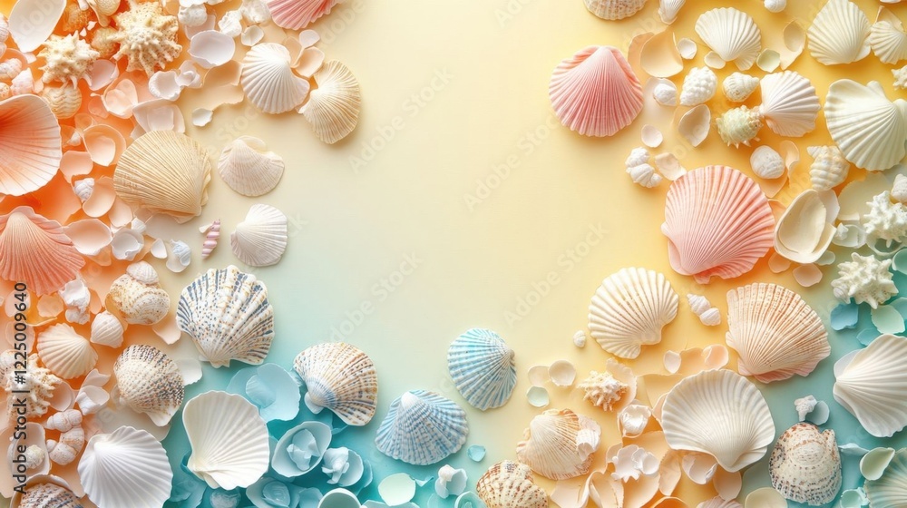 A whimsical beach scene with seashells. A whimsical beach scene with seashells.
