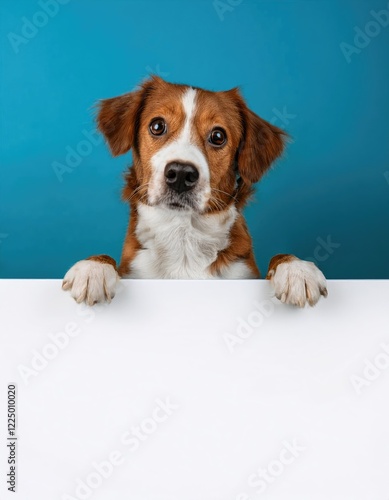 brown and white dog is staring at a blank white board. The dog appears to be curious about the board and is looking at it intently  photo