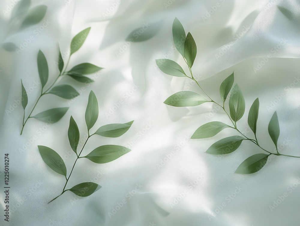 Green leaves on white fabric creating a soft and elegant natural background with a gentle light Green leaves on white fabric creating a soft and elegant natural background with a gentle light