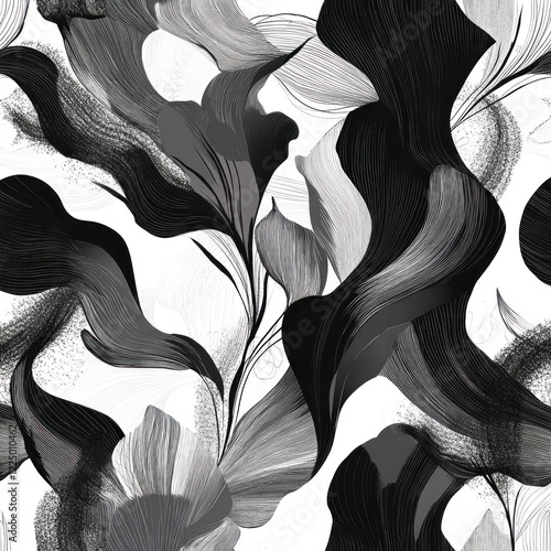Monochrome floral pattern, abstract design, seamless texture, for textile print