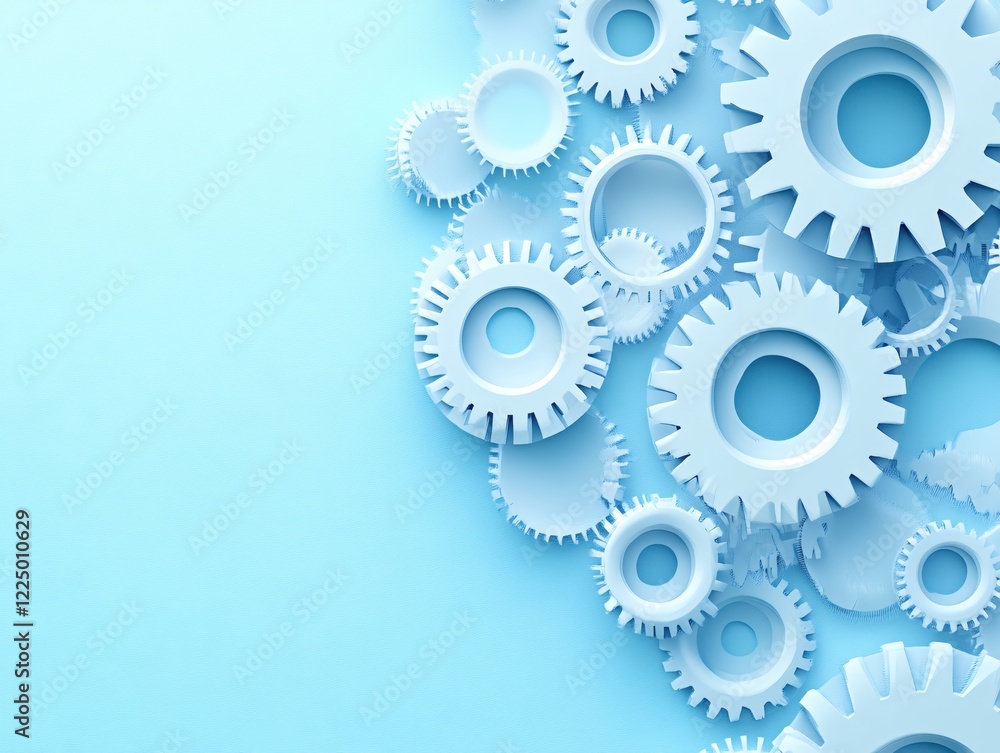 White gears on light blue background forming a pattern with space for text or design White gears on light blue background forming a pattern with space for text or design