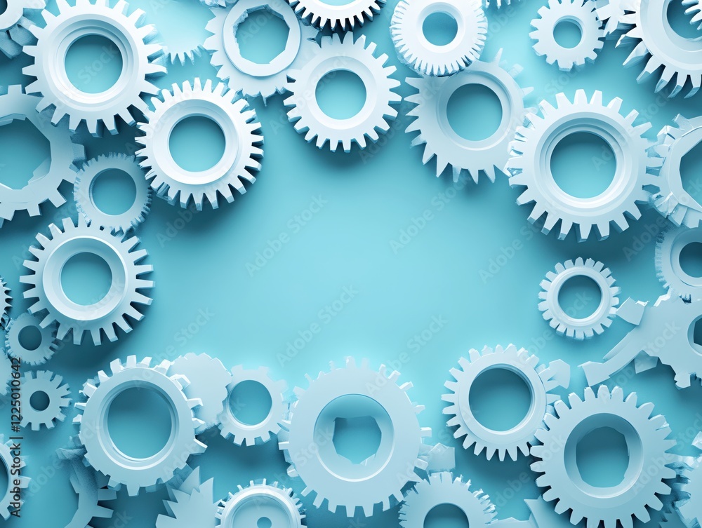 White gears on light blue background forming a frame for text or graphic elements White gears on light blue background forming a frame for text or graphic elements