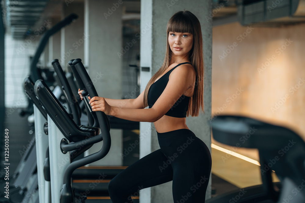 View from the side, on the bicycle. Young woman is in the gym View from the side, on the bicycle. Young woman is in the gym