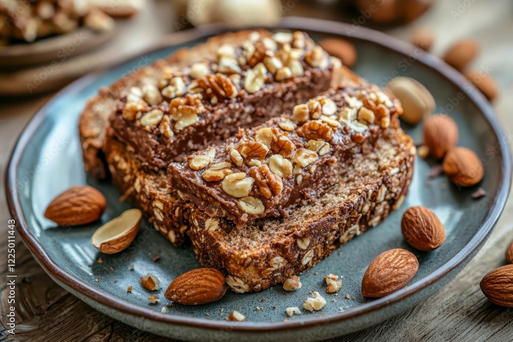 Nut and chocolate spread over slice of bread. Nut and chocolate spread over slice of bread.