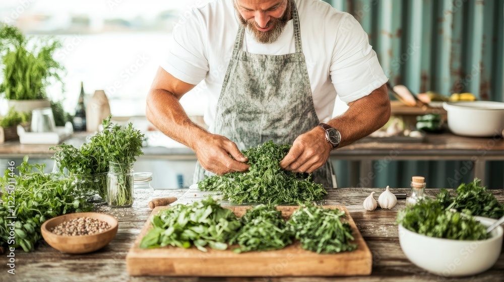 Man preparing fresh herbs for cooking in a rustic kitchen, surrounded by vibrant greens and kitchen tools Man preparing fresh herbs for cooking in a rustic kitchen, surrounded by vibrant greens and kitchen tools