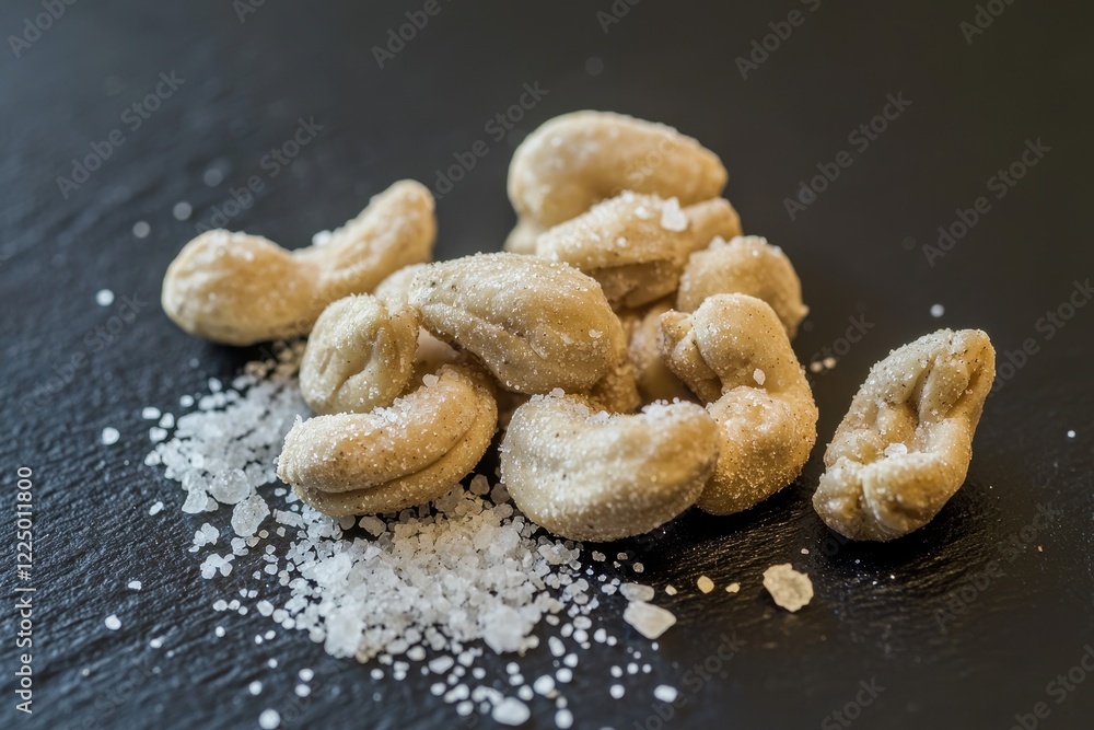 Fototapeta premium Cashews with Sea Salt A close-up of roasted cashews dusted with sea salt, placed on a dark slate surface.