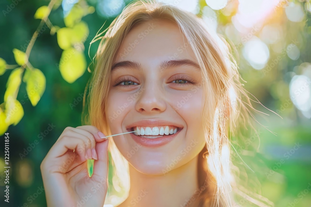 Oral hygiene, dental care and health concept - happy young woman with floss cleaning teeth over green natural background. Oral hygiene, dental care and health concept - happy young woman with floss cleaning teeth over green natural background.