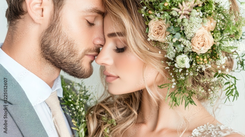 Intimate close-up of a bride and groom sharing a moment adorned with floral elements showcasing love and elegance Intimate close-up of a bride and groom sharing a moment adorned with floral elements showcasing love and elegance