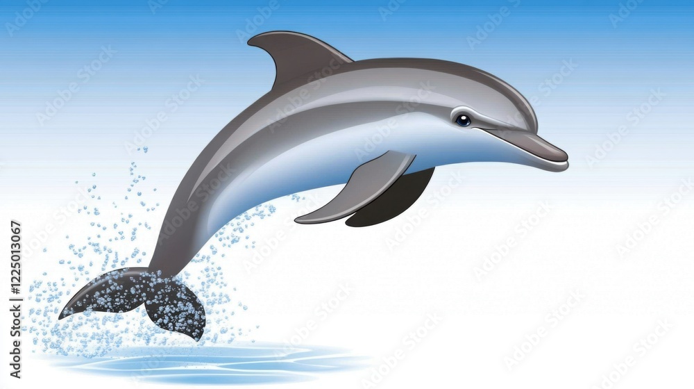 Fototapeta premium Jumping dolphin with water drops in a blue and white background illustration