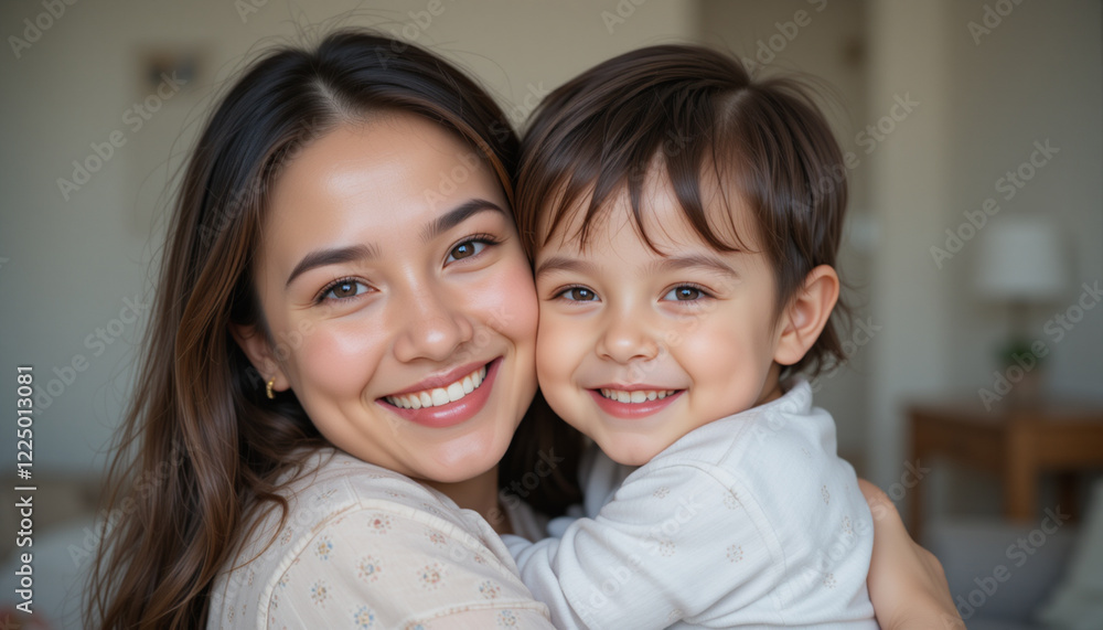 Mother smiling and hugging her child celebrating Mothers Day with joy and love. Mother and son Mother smiling and hugging her child celebrating Mothers Day with joy and love. Mother and son