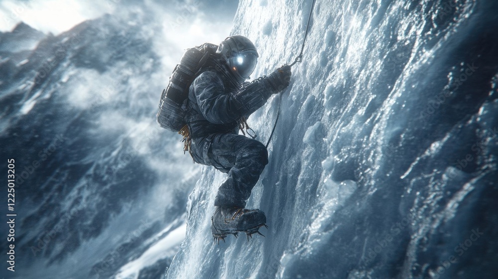 Naklejka premium Young adventurer climbs icy wall.