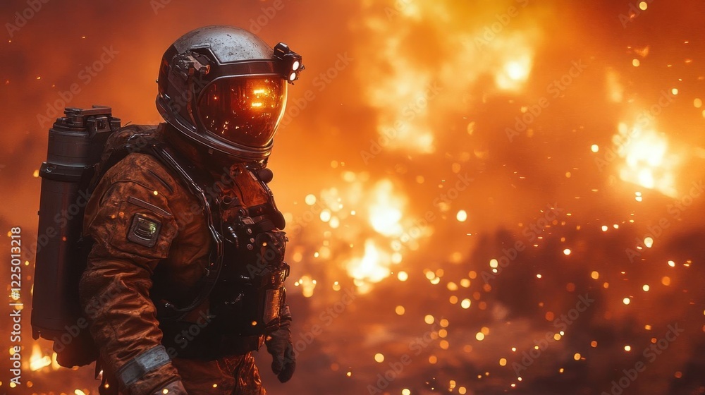 Fototapeta premium A determined rescue worker in flames.
