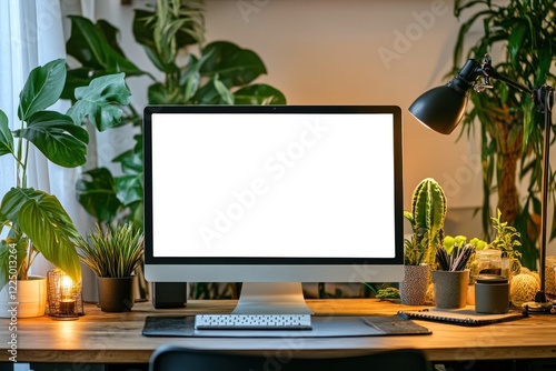 Wallpaper Mural Modern home office workspace with blank computer screen surrounded by plants. Torontodigital.ca